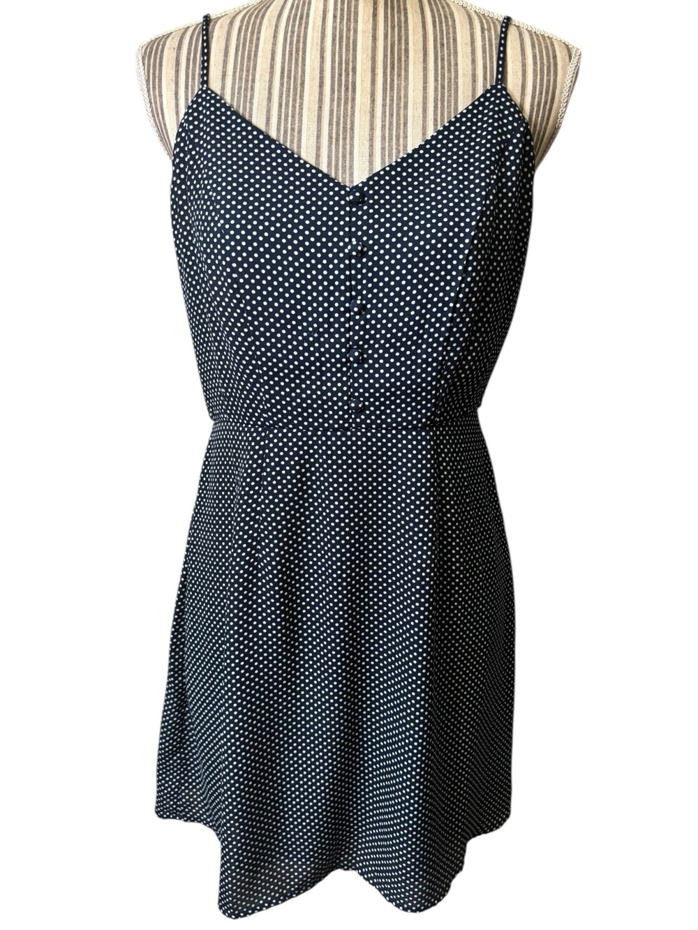 Maurices Polka Dot Skater Dress Small Navy Blue White Spaghetti Strap Mini VNeck